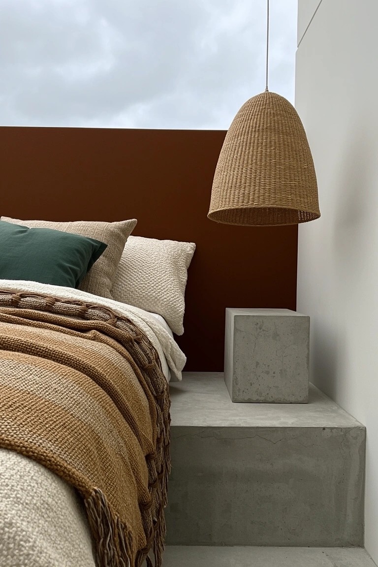 Cozy bedroom corner with deep terracotta accent wall, rattan pendant lamp hanging above layered beige and cream bedding on a platform bed, concrete bedside table.