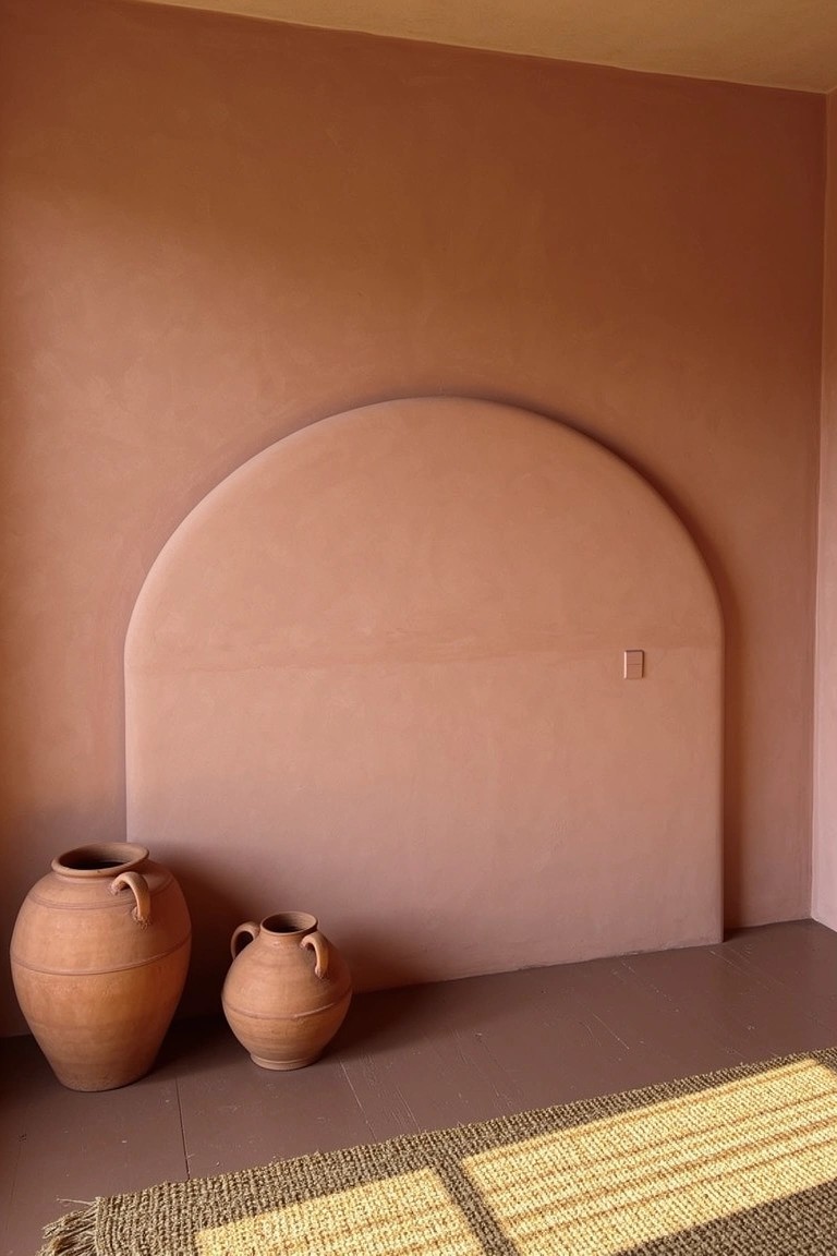 Bedroom corner with warm terracotta walls and arched headboard, terracotta pots on the floor beside a woven rug