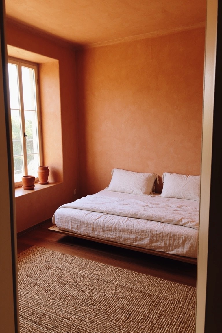 Bedroom with warm terracotta walls, low platform bed dressed in white linens, potted plants on the windowsill, and seagrass rug on wood floors