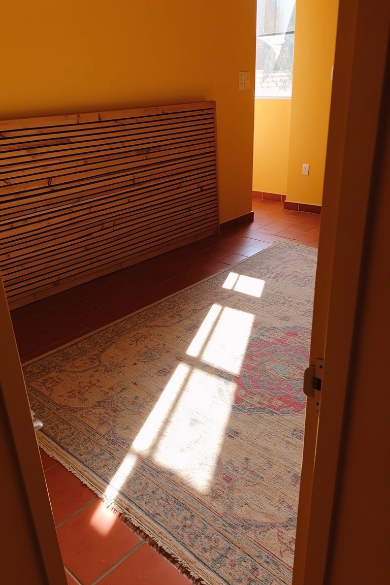 Bedroom with warm yellow walls, wooden slat feature wall, terracotta tile floor, patterned rug, and sunlight from the window