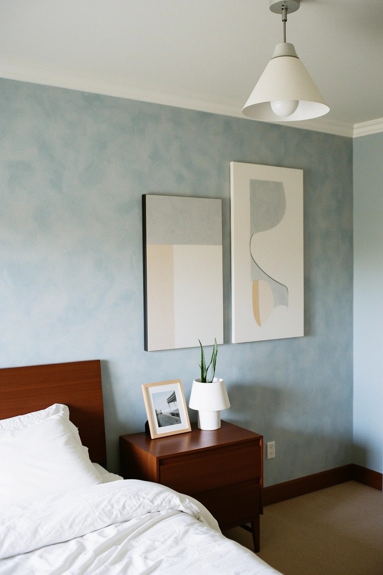 Bedroom with pale blue-gray textured walls, wooden mid-century bed and nightstand, white bedding, potted plant, and abstract neutral artwork