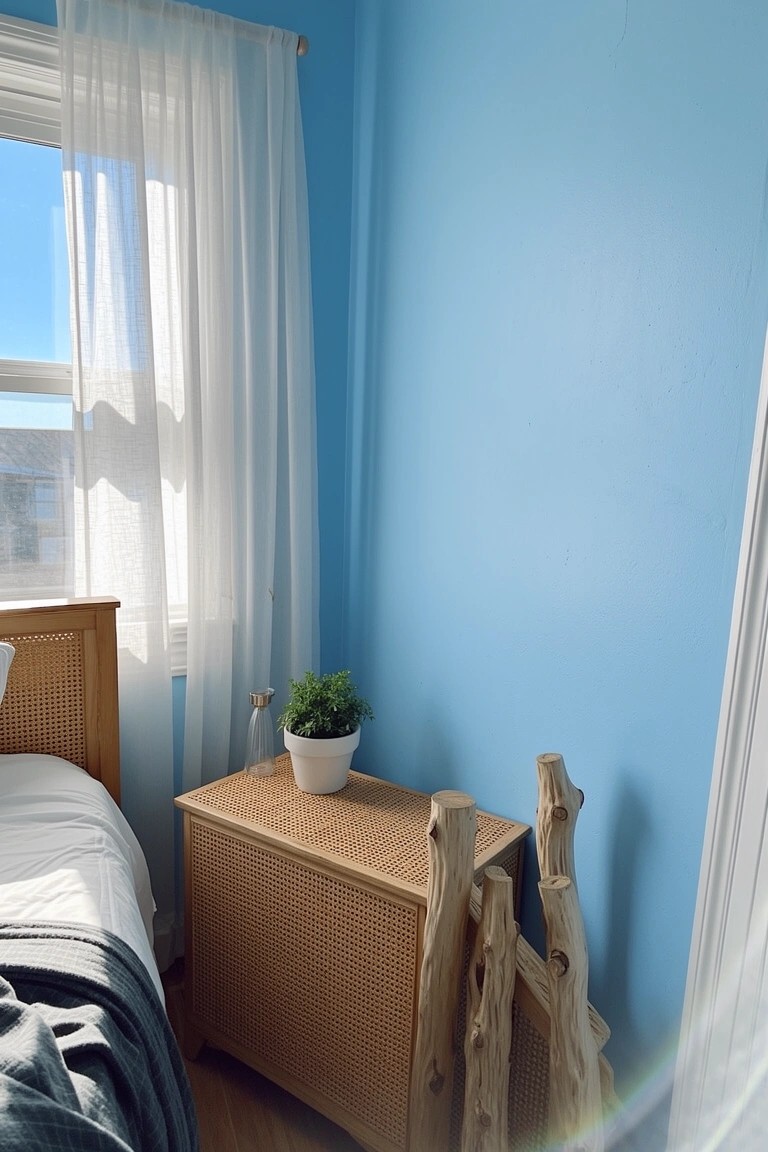 Bedroom corner with pale blue walls, rattan bed frame and storage bench, potted plant on side table, sheer white curtains by window