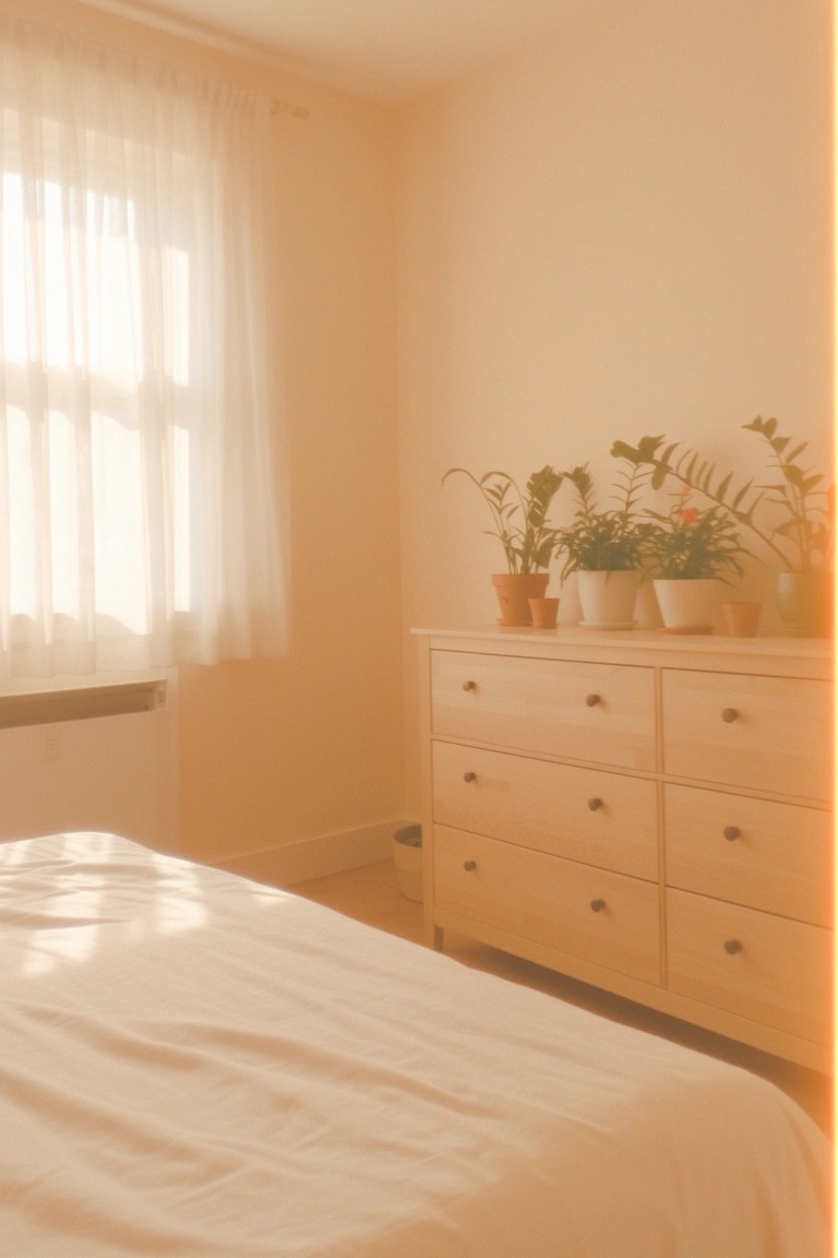 Bedroom corner with soft beige walls, wooden dresser holding potted plants, bed in foreground, and sunlight filtering through white sheer curtains