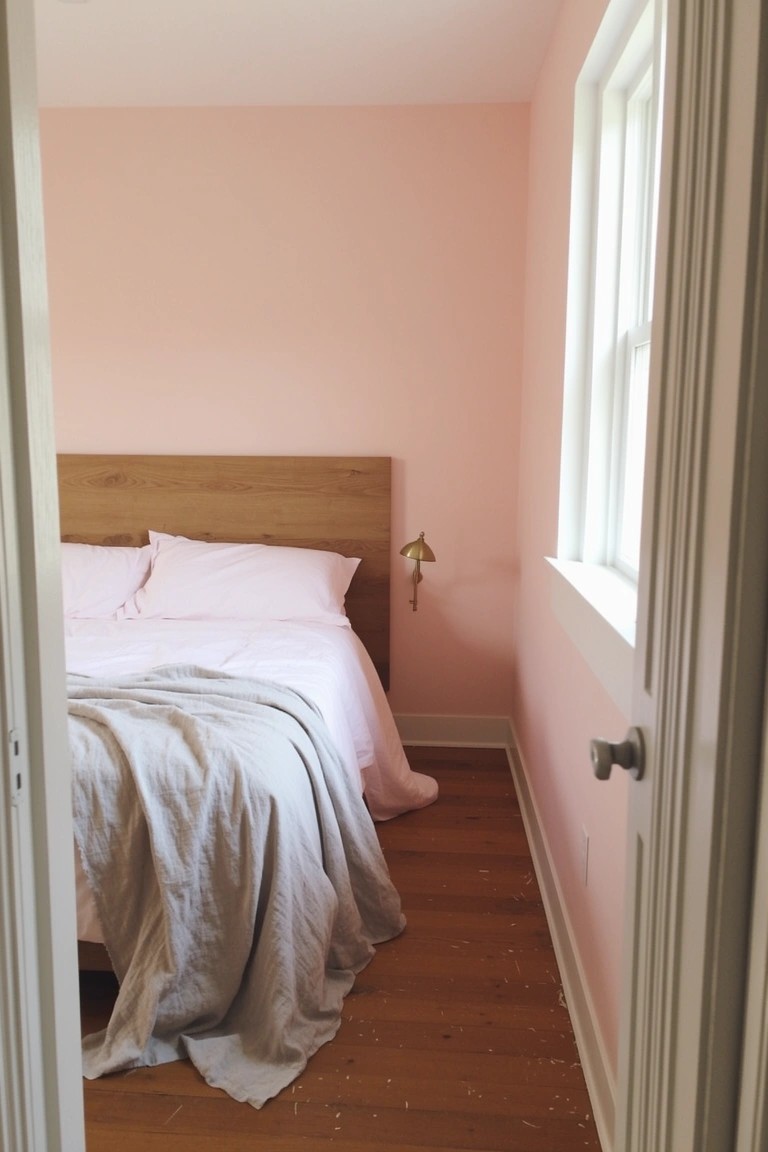 Bedroom with soft blush pink walls, oak bed topped with pink sheets and gray throw, brass lamp, white window trim, and hardwood floors