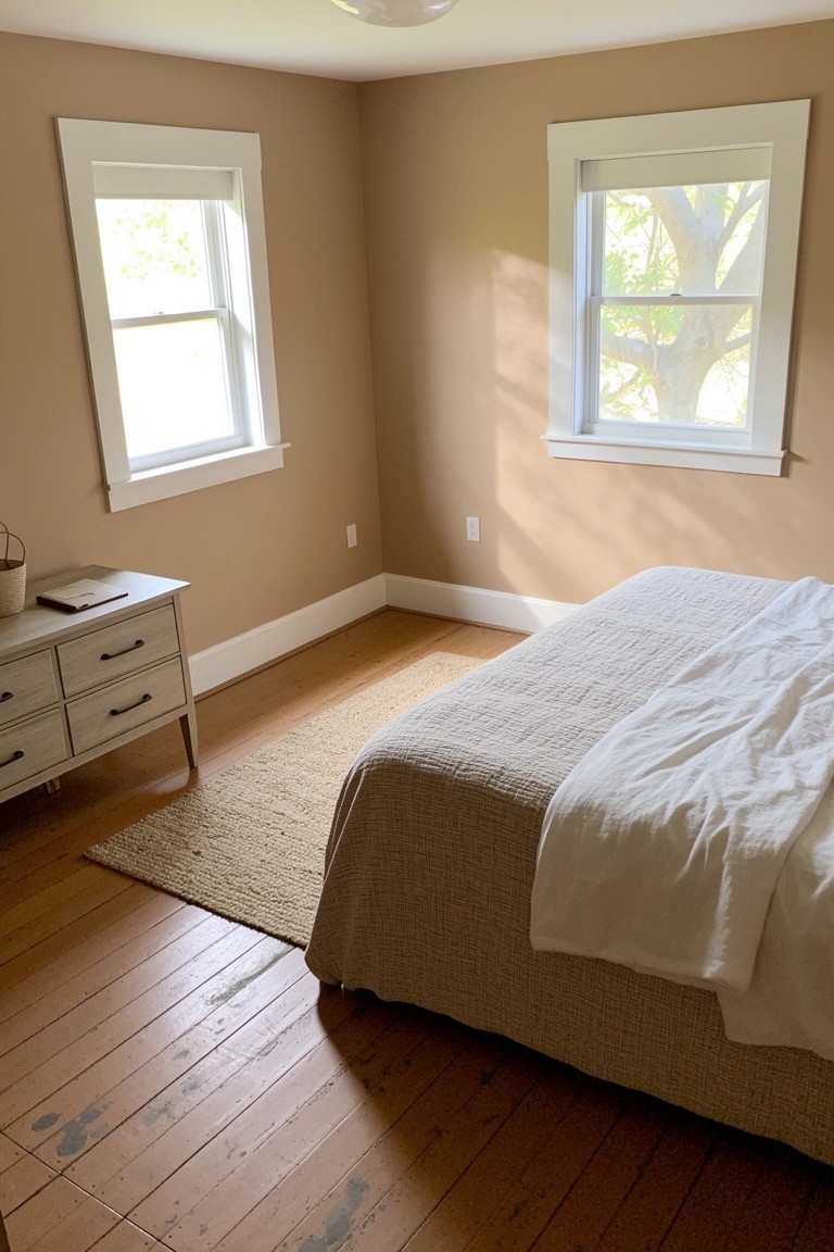 Bedroom with warm beige walls, hardwood floors, white bed linens, and soft window light