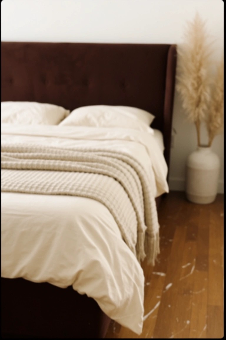 Cozy bedroom with creamy white walls, brown velvet headboard, white bedding draped with a light gray throw, tall pampas grass, and warm hardwood floors