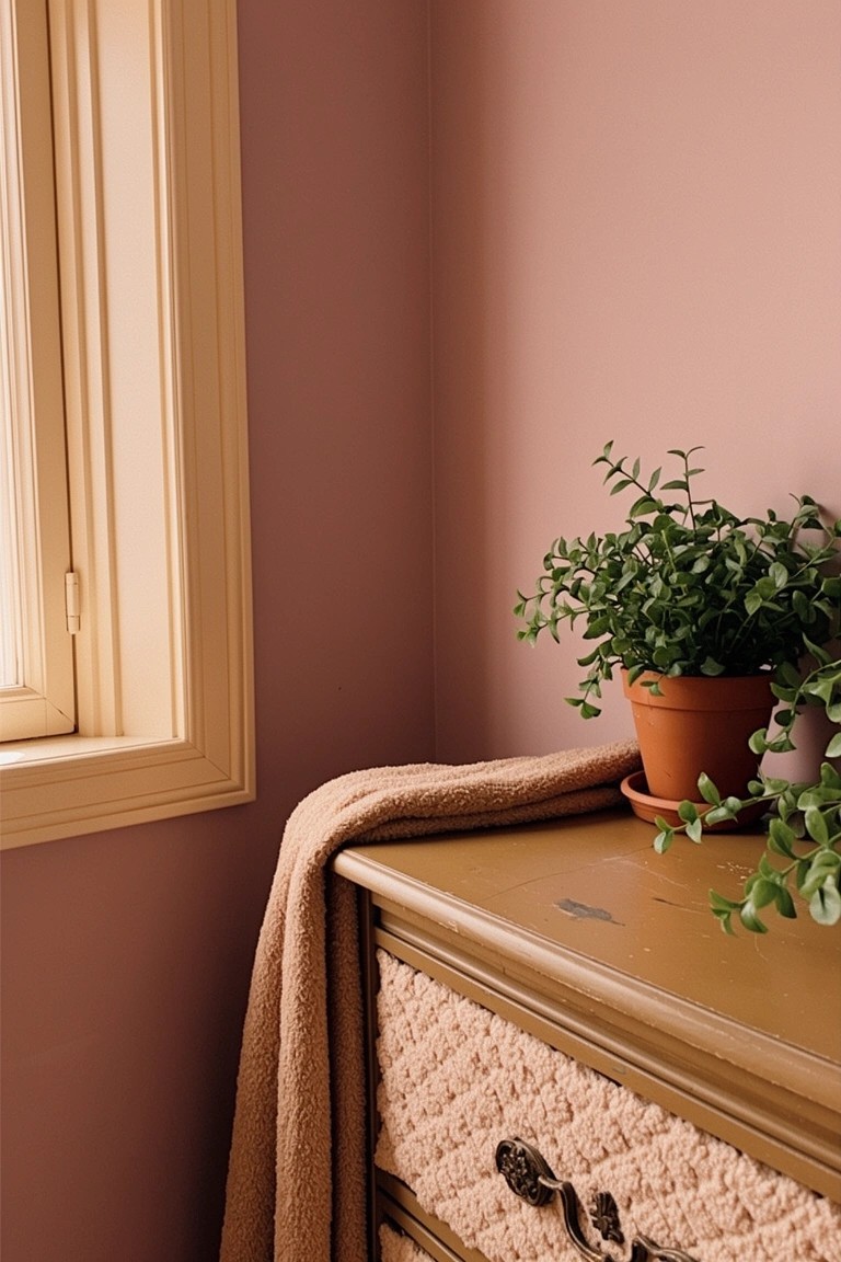 Cozy bedroom corner with soft blush pink walls, wooden dresser draped in a tan blanket, and potted green plant near a window