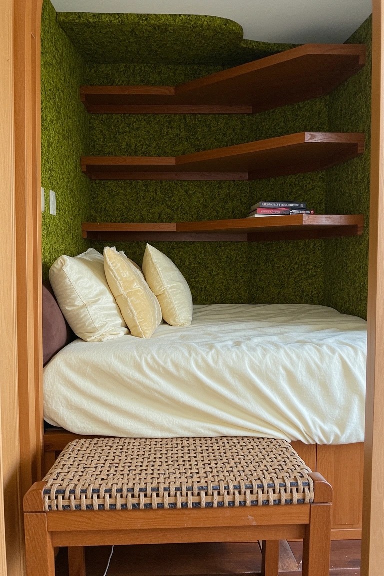 Cozy bedroom nook featuring soft sage green walls with built-in wood shelves and a simple white bed