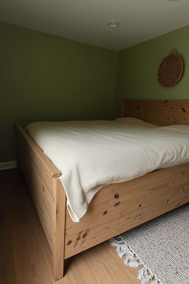 Cozy bedroom nook with pale sage green walls framing a wooden bed and white duvet