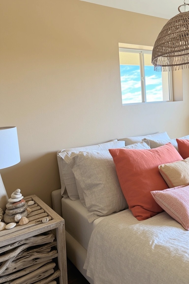 Bedroom with warm beige walls, white bedding, orange and pink pillows, wooden nightstand, and window overlooking sky