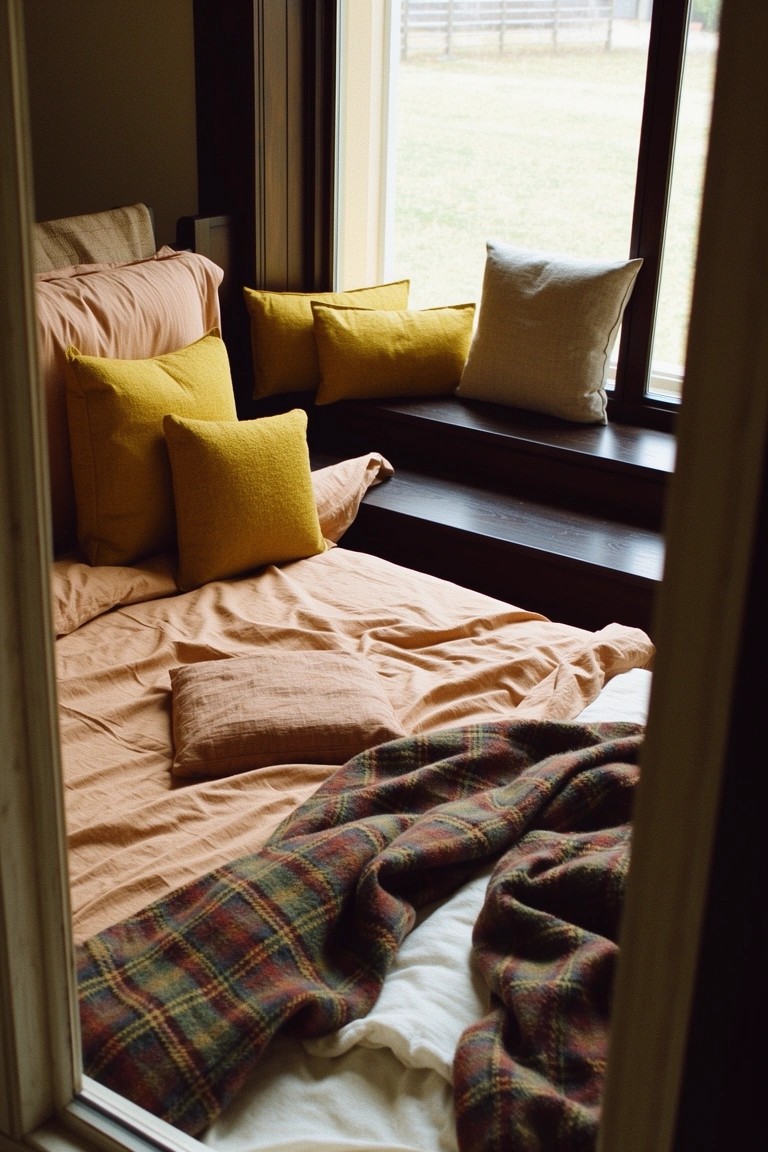 Bedroom corner with warm beige walls, yellow pillows on window seat, beige bed with plaid blanket
