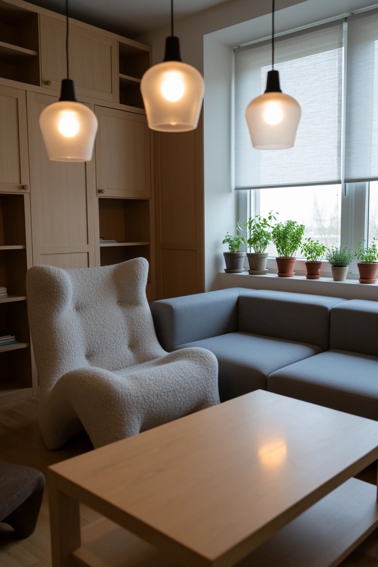 Cozy living room corner with plush sculptural gray armchair, gray sofa, light wood table and cabinets, pendant lights, and potted plants on windowsill
