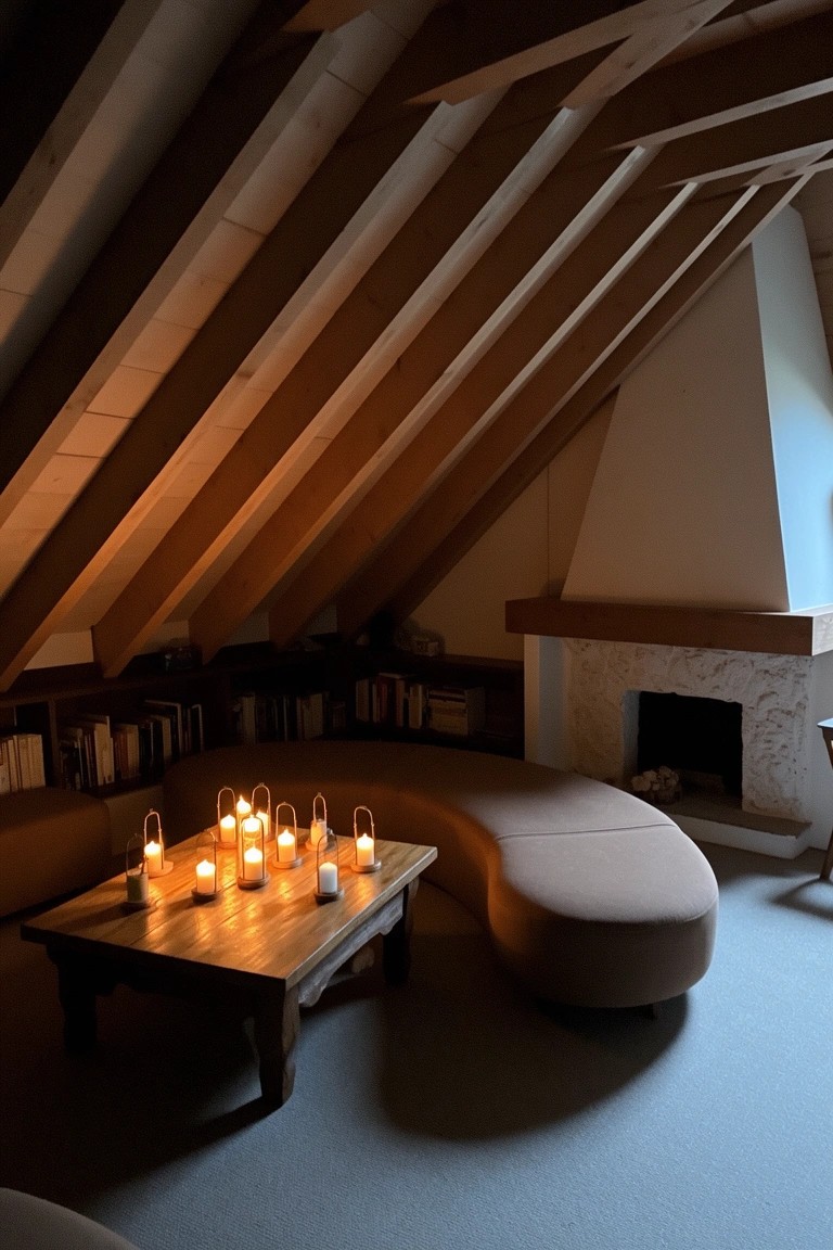 Cozy attic nook with exposed wooden beams, curved beige sofa around a candlelit wooden coffee table, built-in bookshelves, and stone fireplace