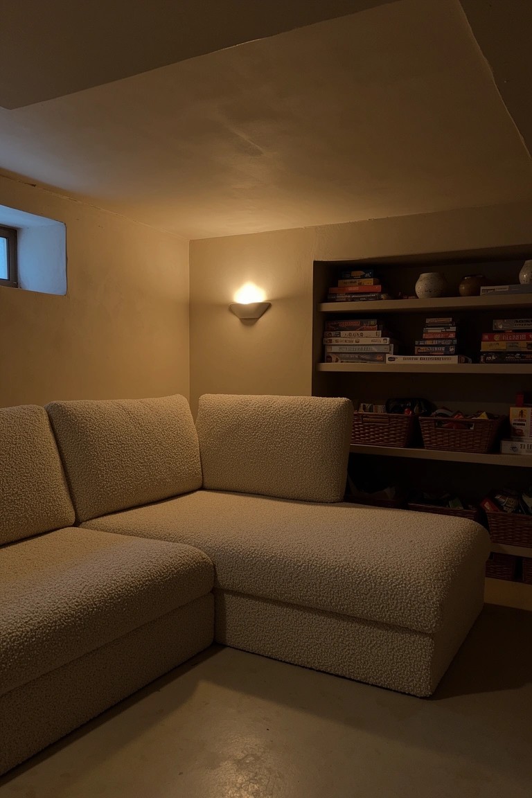 Beige L-shaped sofa tucked in a corner with adjacent open wooden shelves holding books and woven baskets, soft wall light nearby