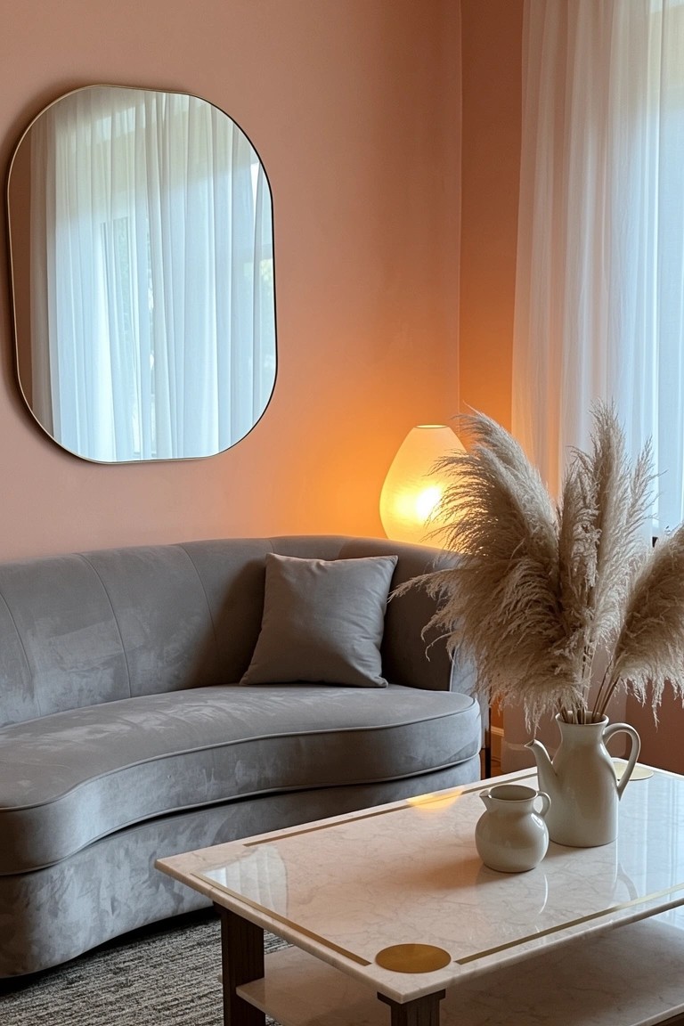 Cozy living room corner featuring a curved gray sofa, oval mirror on peach wall, pampas grass in vase on glass coffee table, and glowing lamp