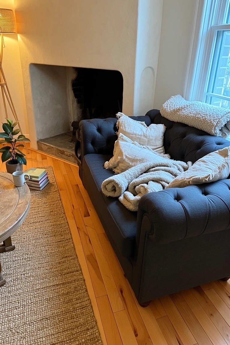 Navy tufted loveseat layered with white fluffy pillows and a throw blanket next to a fireplace in a bright living room corner