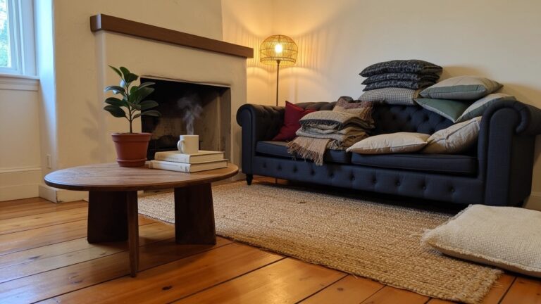Navy tufted loveseat layered with white fluffy pillows and a throw blanket next to a fireplace in a bright living room corner