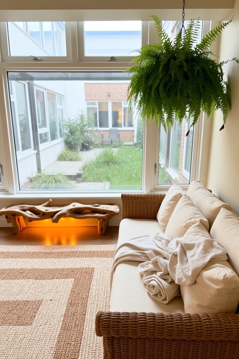 Low wooden bench with glowing fire underneath next to a beige wicker sofa, in front of large windows overlooking a green courtyard and hanging fern plant