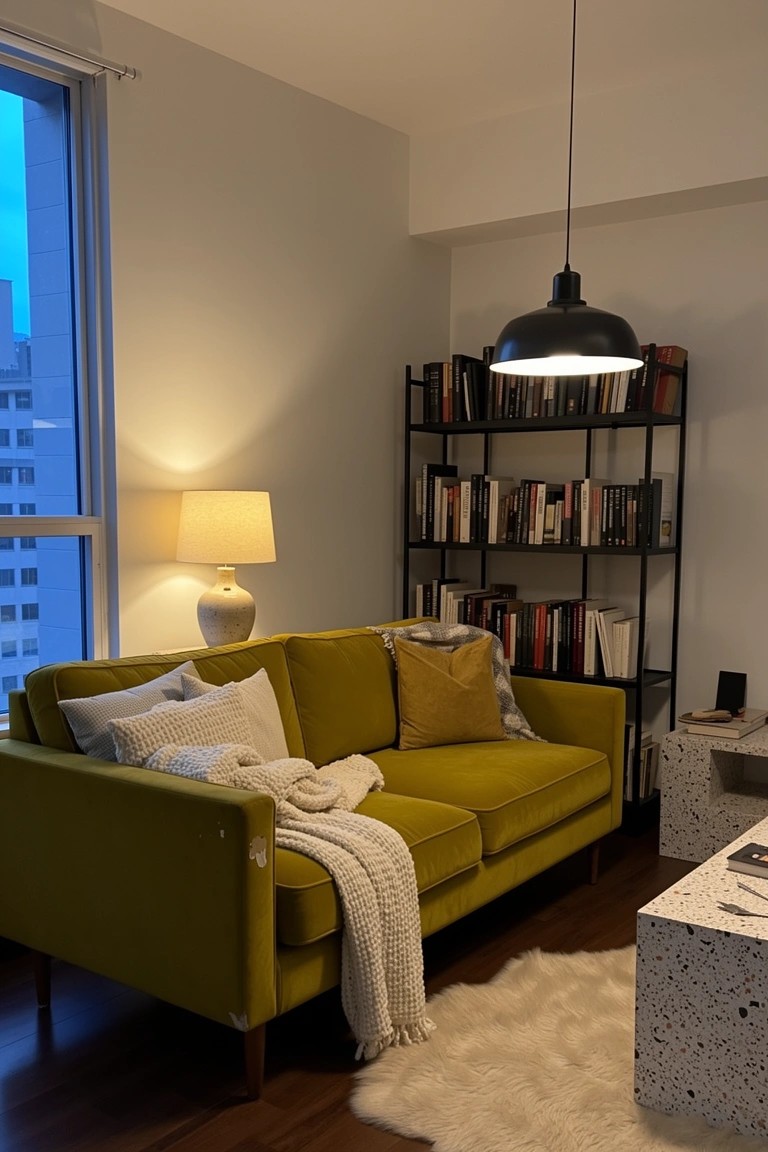 Cozy living room corner featuring a green velvet sofa with pillows and throw, flanked by black bookshelves and lit by warm lamps
