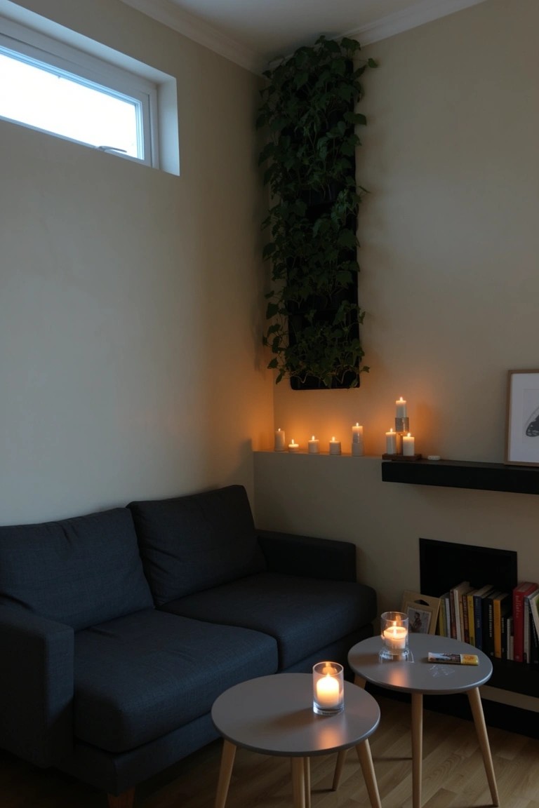 Cozy living room corner with tall vertical living plant wall, navy sofa, candlelit wooden tables and shelves