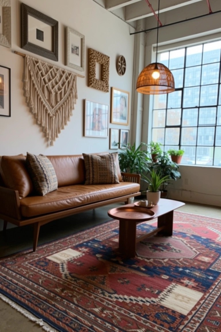 Tan leather sofa on large red patterned rug in airy industrial loft living room with wooden coffee table, plants, and wall art by large windows