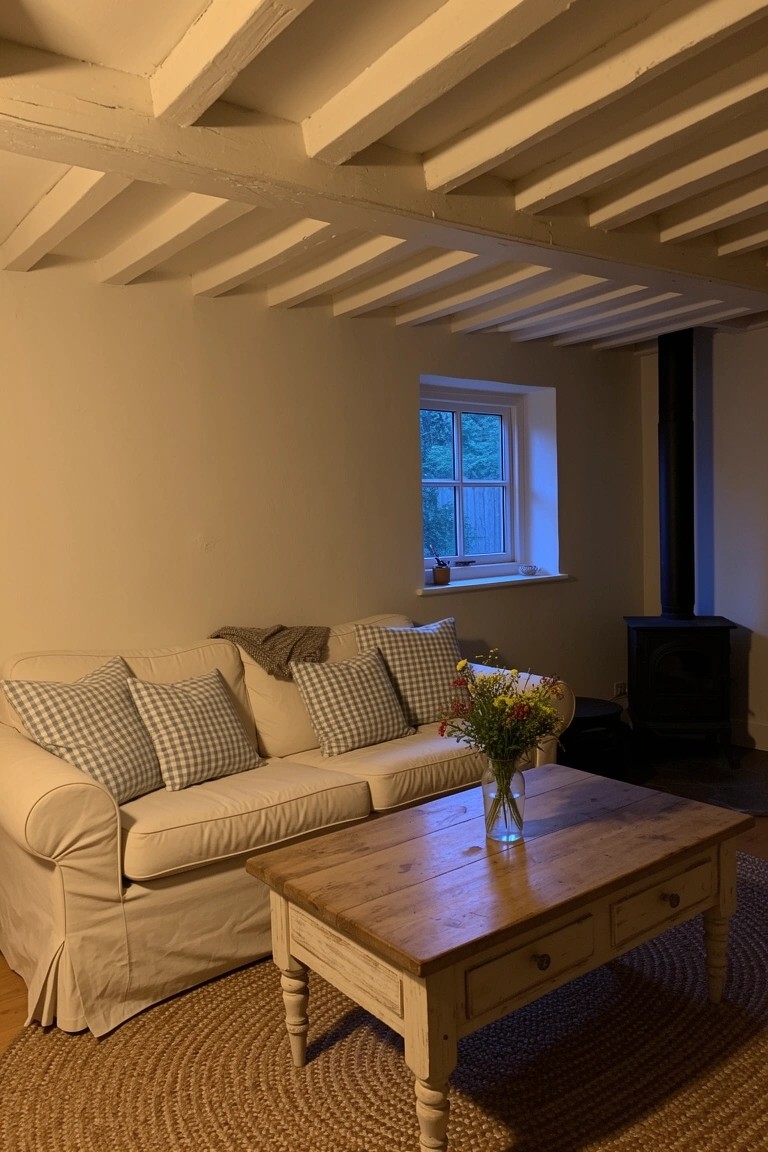 Cozy living room with dark exposed ceiling beams, white slipcovered sofa, wooden coffee table with flowers, and wood-burning stove