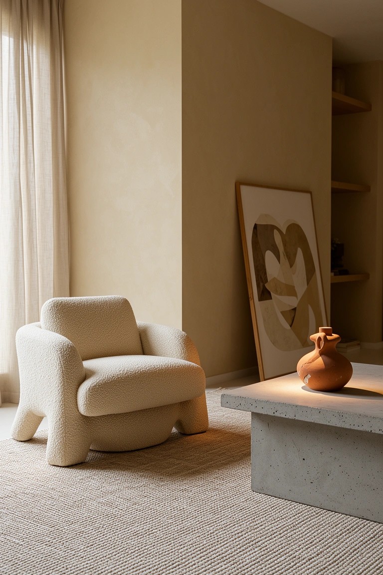 Fluffy white sculptural armchair in a neutral living room corner with sheer curtains, abstract art, and a terracotta vase on a concrete table