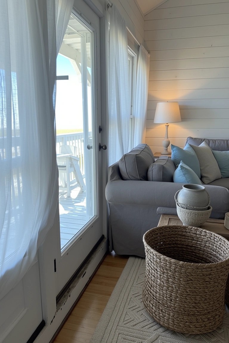 Sunlit sunroom with gray sofa, sheer white curtains on glass doors to porch, woven basket on wood table