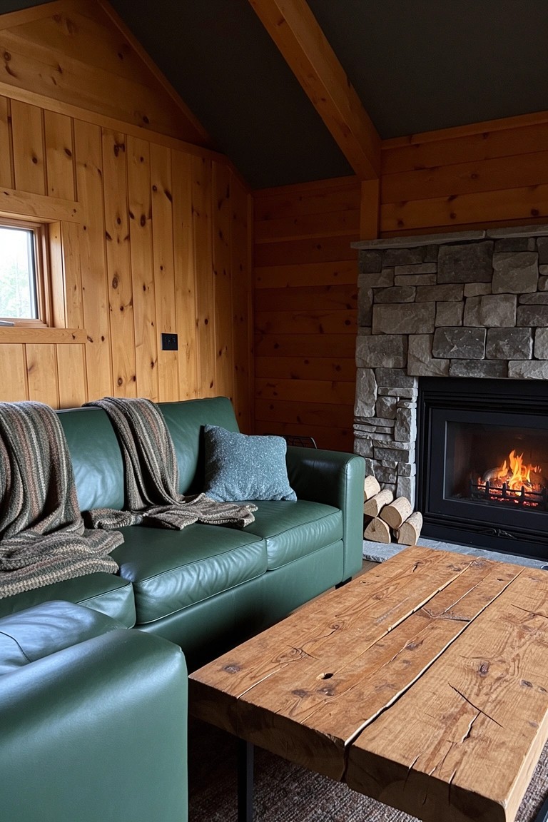 Wood-paneled cabin living room with green leather sofa, wool blankets, rustic wood coffee table, and stone fireplace with fire burning