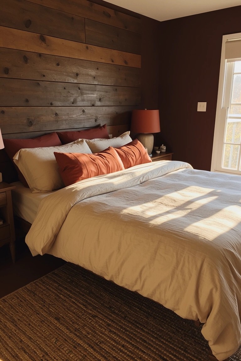 Bedroom with deep maroon painted walls, reclaimed wood accent wall behind king bed with white duvet and orange throw pillows, amber lamp on nightstand, jute rug, and soft sunlight from window