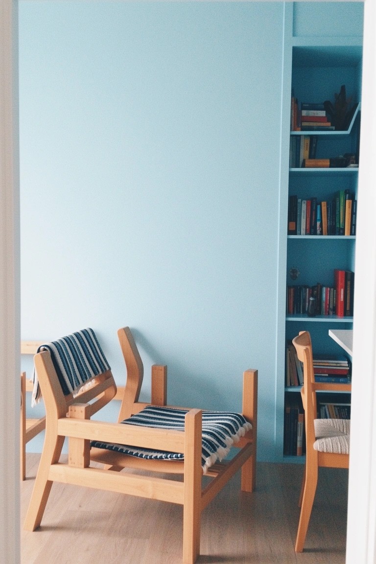 Pale blue walls framing a wooden chair with blue cushions and a matching bookshelf in a light room