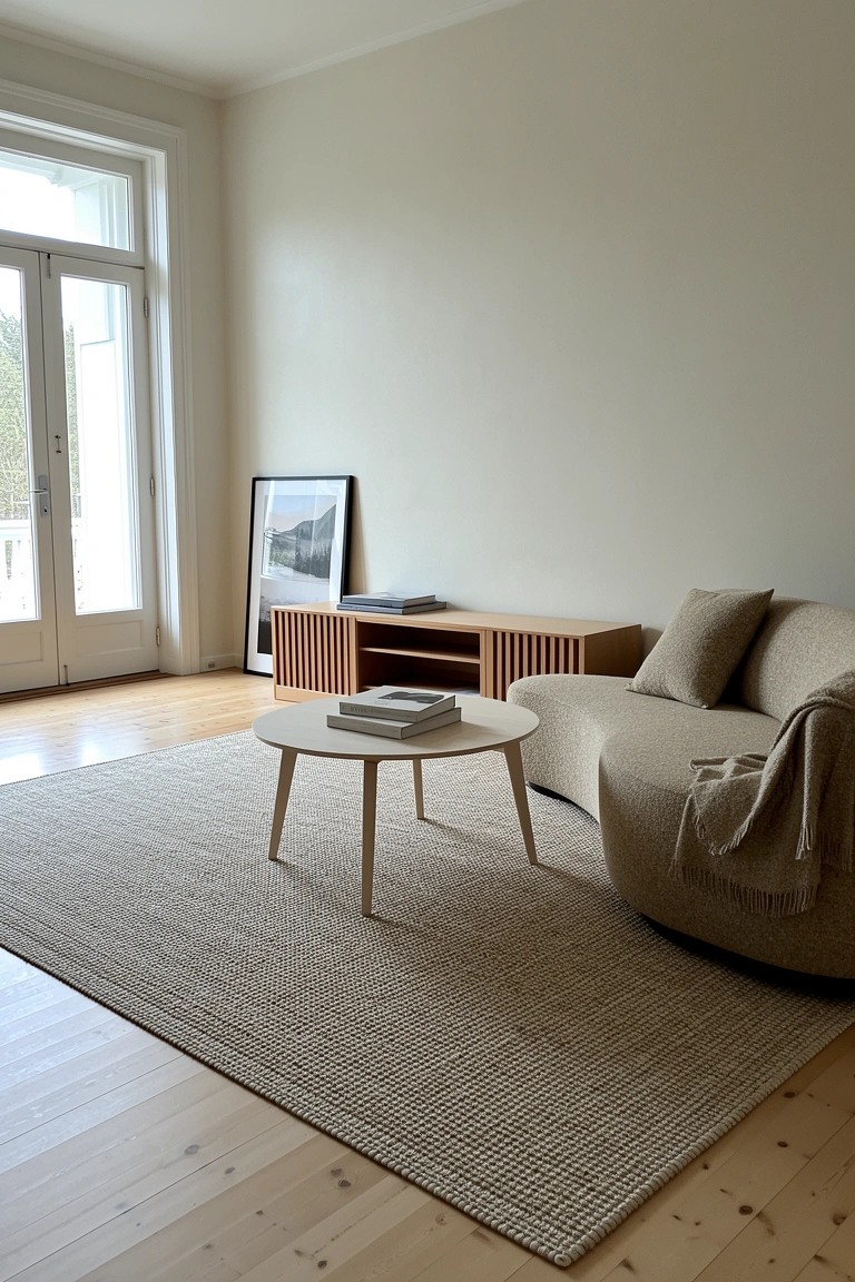 Light and airy living room with curved beige sofa, pale wood coffee table and slatted media unit, neutral rug on light floors, big windows letting in daylight
