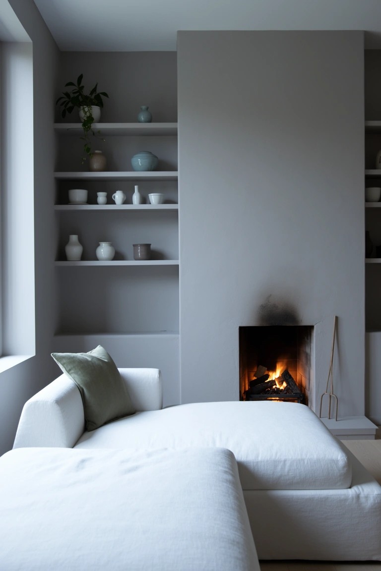 Light minimalist living room with low white sofa against grey wall featuring fireplace and open shelves with ceramics