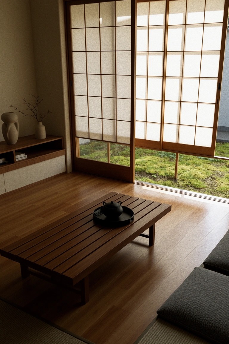 Living room with sliding shoji screens open to a moss garden, low wooden table holding a tea set, neutral wood floors