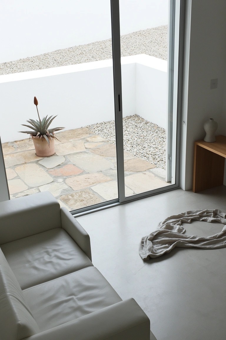 Light minimalist living room with large open sliding glass doors to a gravel and stone patio with potted agave plant