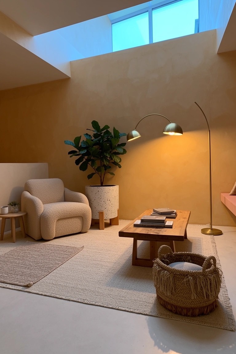 Cozy seating nook featuring warm ochre walls, cream armchair, large potted ficus, wooden coffee table, and arched floor lamp under a skylight