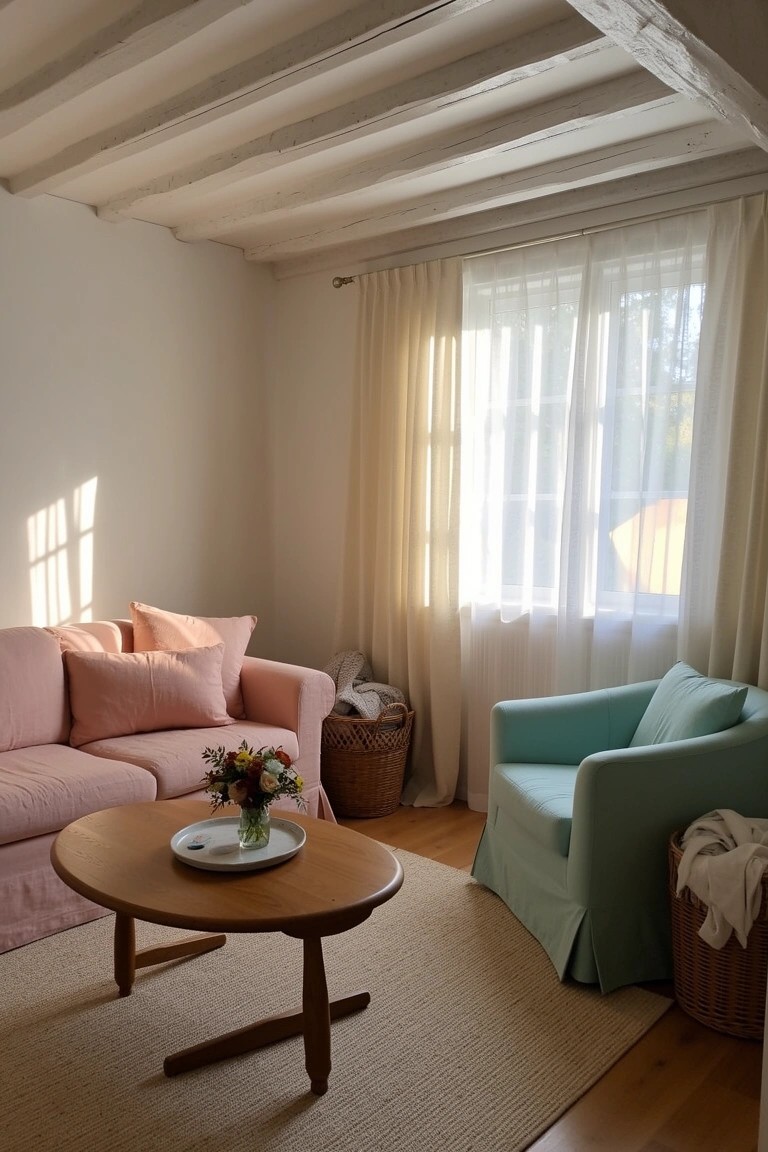 Sunlit living room corner with blush pink sofa, turquoise slipcovered armchair, low wooden coffee table, seagrass rug, and wicker baskets