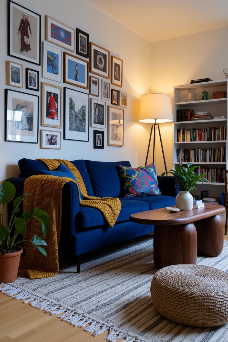 Cozy living room corner with blue velvet sofa draped in orange throw blanket, large eclectic gallery wall of black-framed personal photos, potted plants, paired wooden oval coffee tables, and woven pouf on striped rug
