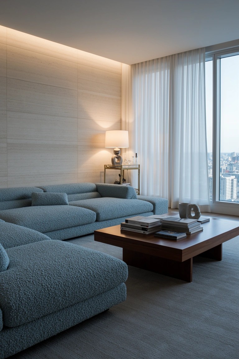 Plush blue L-shaped sofa in a minimalist living room with light wood accent wall and wooden coffee table