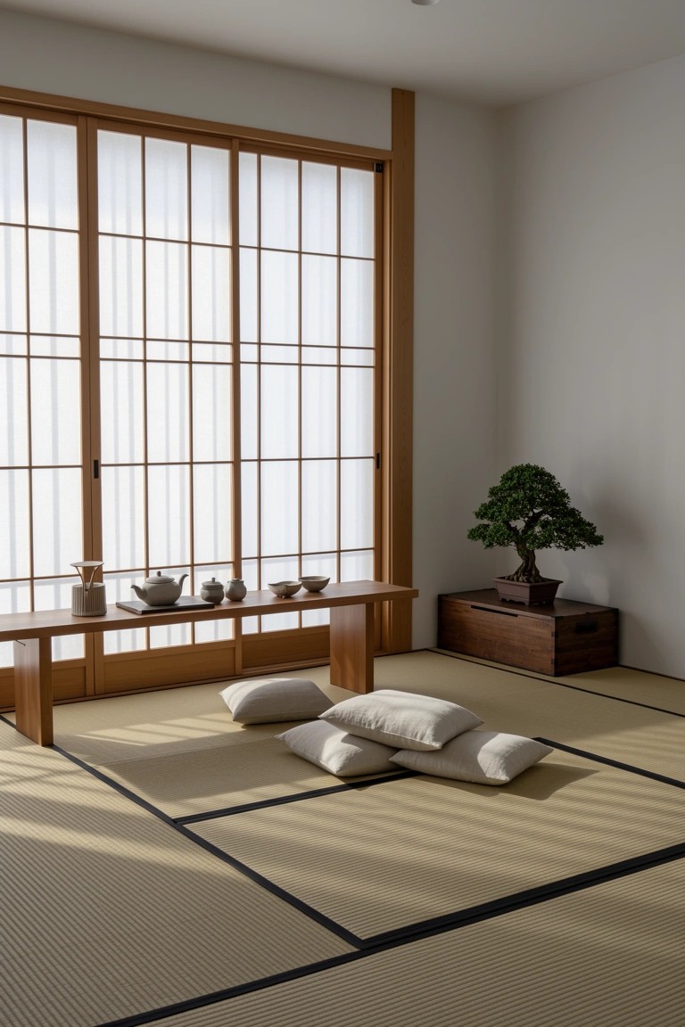Minimalist Japanese room with light tatami flooring, shoji screens, low bench holding tea set and bonsai, plus beige floor cushions
