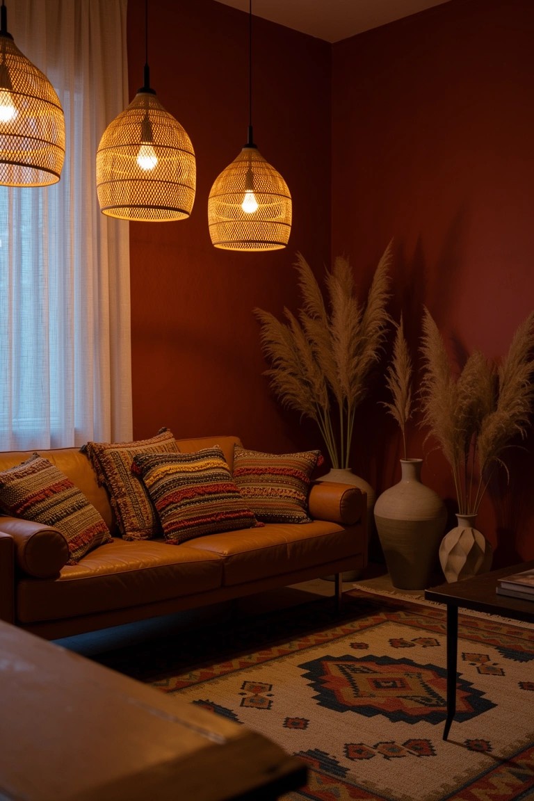 Cozy living room corner with warm terracotta walls, hanging rattan pendant lights, tan leather sofa with patterned pillows, tall pampas grass, large vase, and woven rug