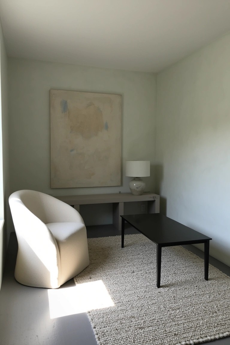 Pale green room corner with curved cream armchair, black coffee table on beige rug, large abstract beige painting, and lamp on console