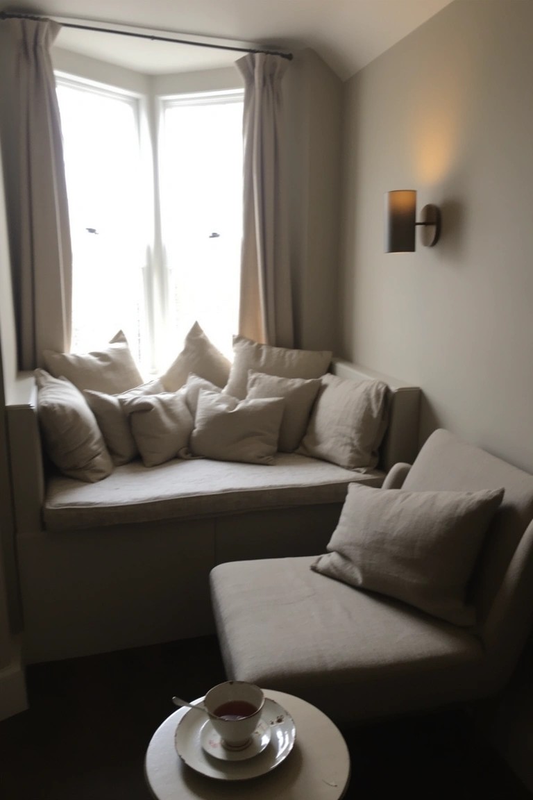 Cozy beige window seat with plush pillows and a small side table for tea