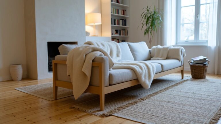 Cream sofa with fluffy white sheepskin throw draped over it, next to wooden coffee table and seagrass rug