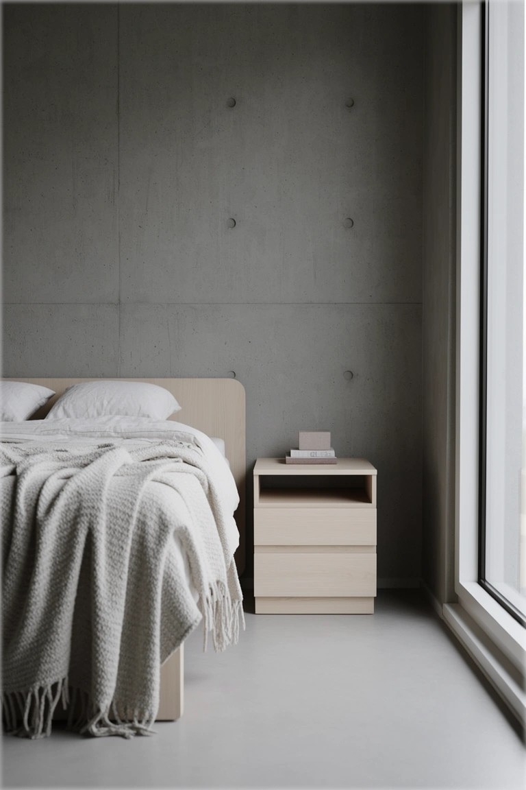 Bedroom with cool gray concrete-textured walls, light wood bed and nightstand, white bedding, and a large window letting in soft light