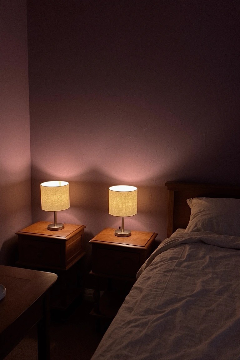 Bedroom corner with dusty purple walls, two warm-lit lamps on wooden nightstands, and a white-sheeted bed in soft evening light