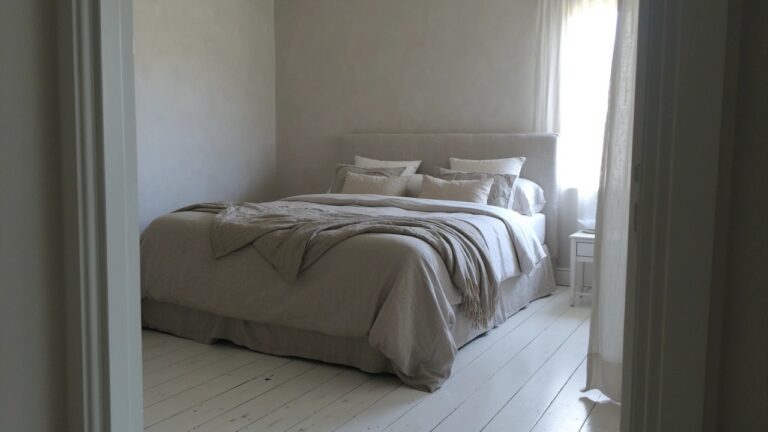 Bedroom with soft greige walls, beige linen bed, whitewashed wood floors, and large windows with sheer curtains