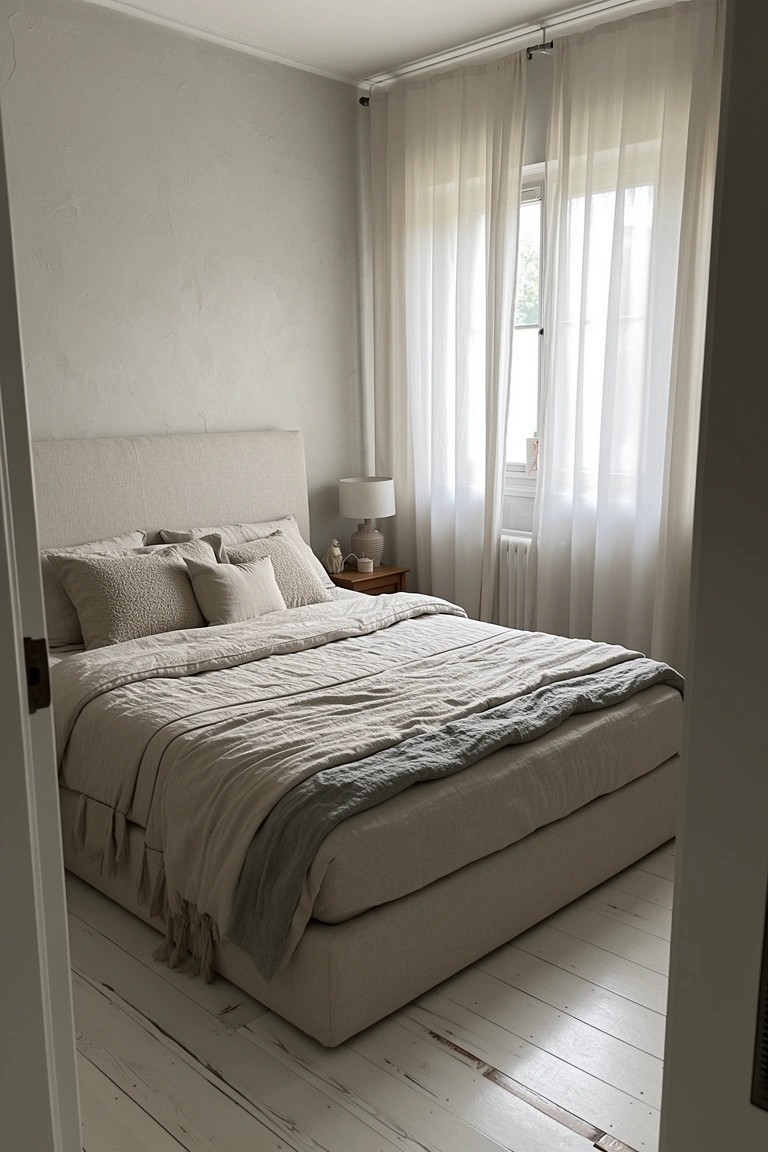 Bedroom with soft greige walls, beige linen bed, whitewashed wood floors, and large windows with sheer curtains