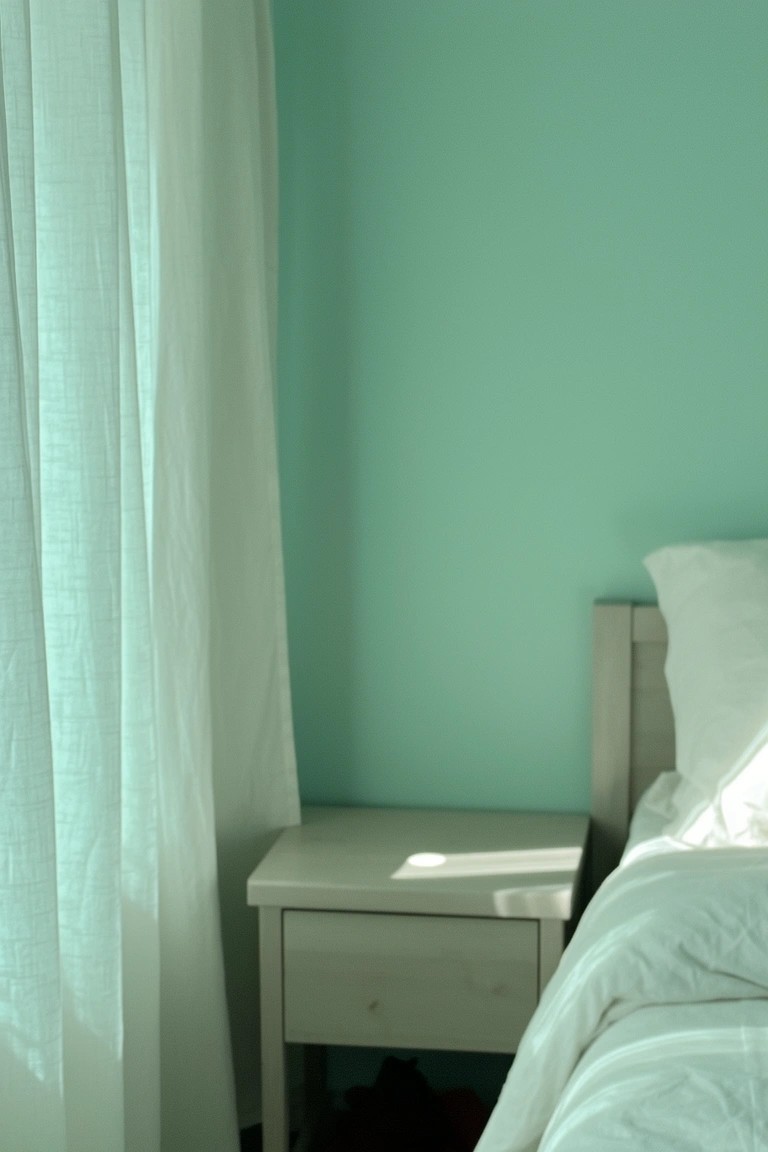 Bedroom corner featuring pale mint green walls beside a light wood bed with white bedding and sheer curtains letting in soft light