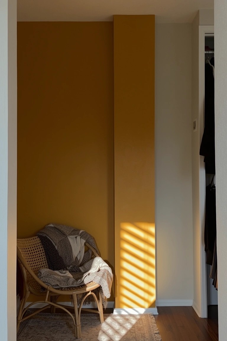 Bedroom nook with a prominent warm mustard yellow accent wall, rattan chair with throw, open light closet, and golden sunlight through blinds on wood floors